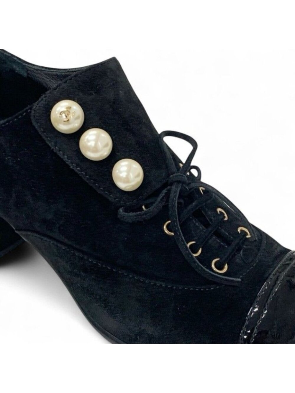 Chanel Loafers Leather Shoes Suede Patent Black Pearl Coco Mark Lace Up - Picture 9 of 10